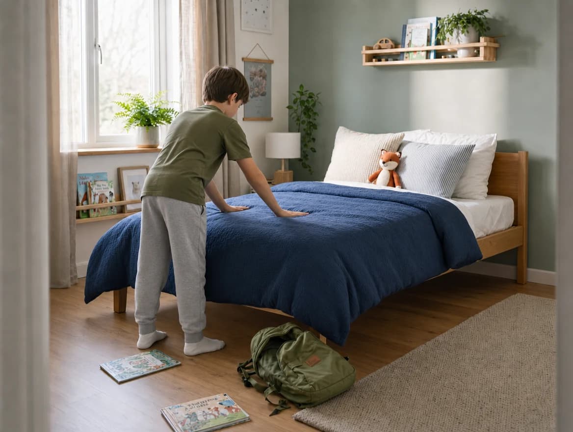 A child smoothing the navy duvet in the same bedroom