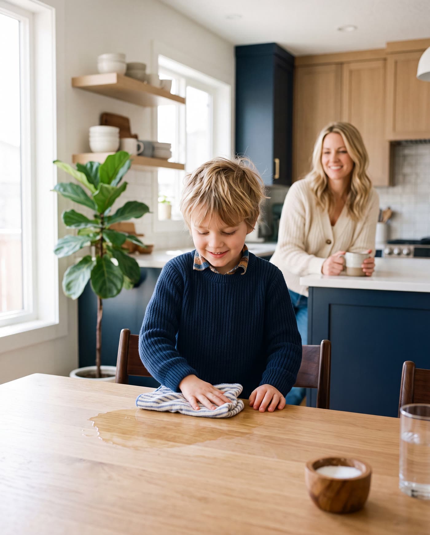 A child helping wipe the kitchen table